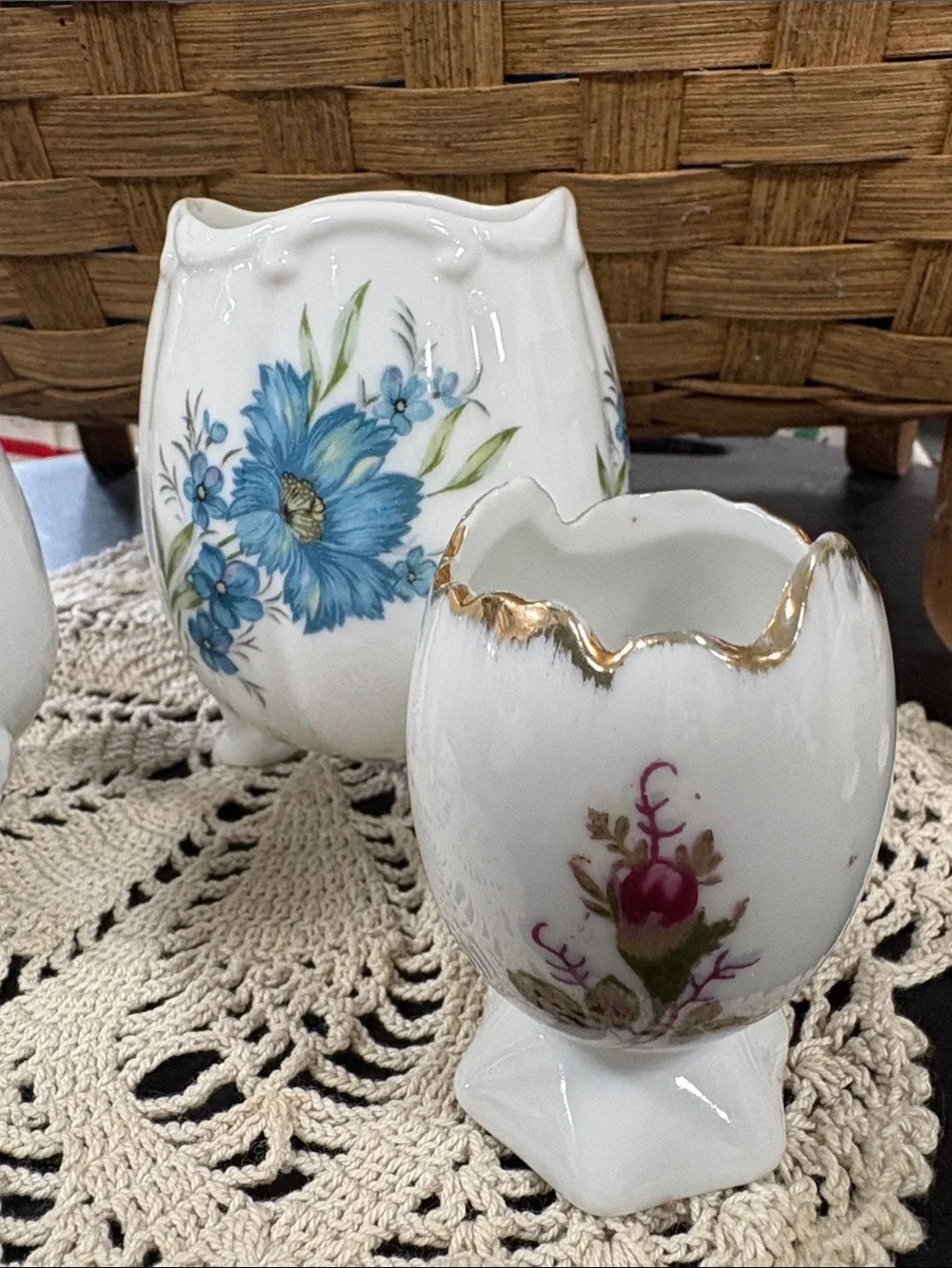 White Floral Porcelain Footed Vases Set - White with Pink & Blue Flowers